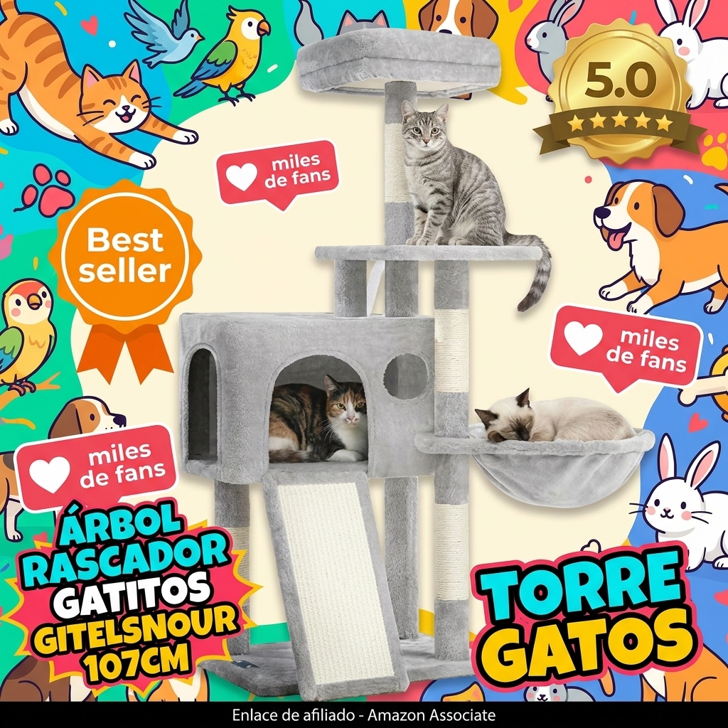 Gitelsnour Árbol Rascador para Gatitos, Torre de Gatos Interior de 107 cm, Árbol para Gatos con Postes Rascadores, Hamaca, Caseta y Pelota Colgante, Gris Claro GCT005SW