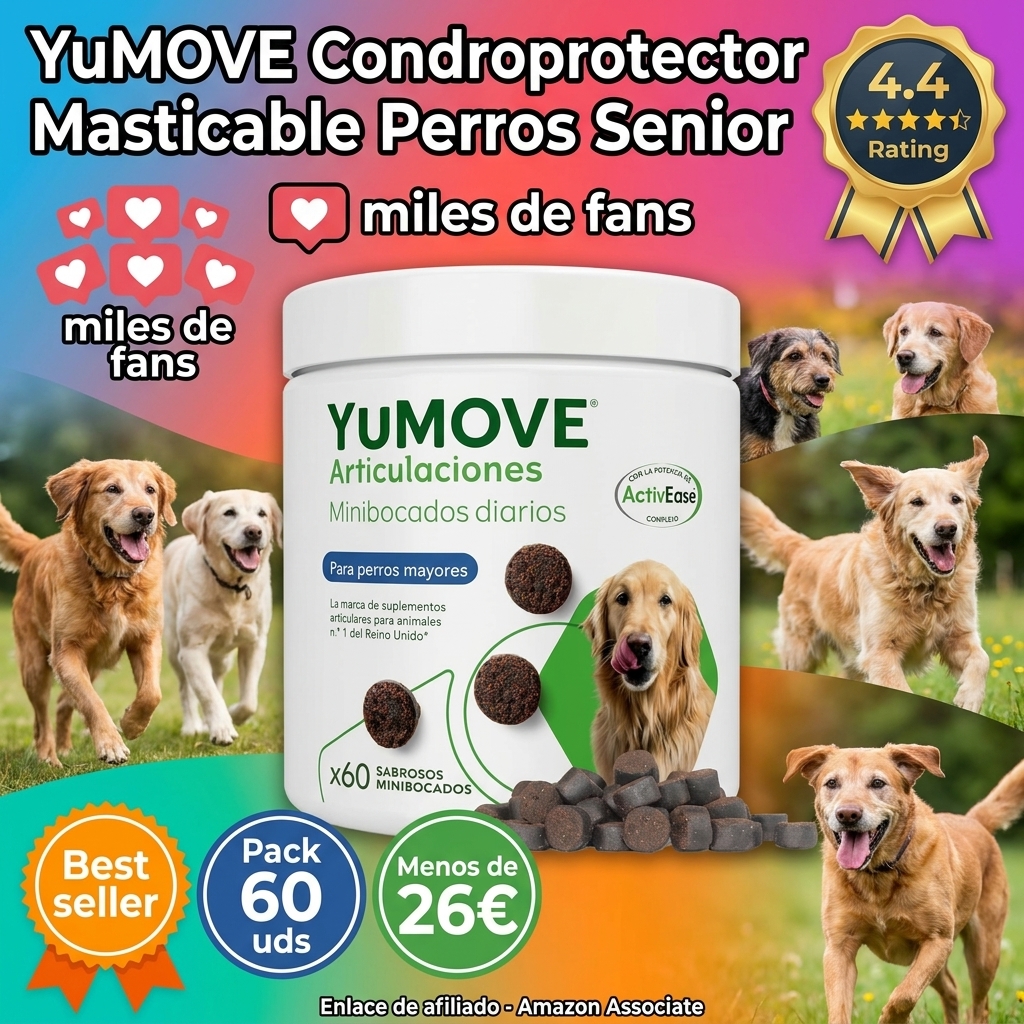 YuMOVE Condroprotector Perros 60 Masticables - Articulaciones Perro Senior +8 Años con Mejillon Labio Verde Complejo ActivEase de 150mg Cada Masticable & Aceite de Pescado - Movilidad del Canino