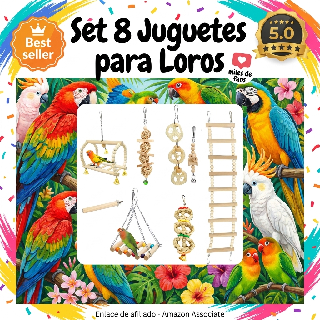 8 Piezas Juguetes para Loros, Juguetes Colgantes para Jaula con Campanas, Columpios, Hamaca, Escalera y Juguetes de Masticación para Periquitos, Cacatúas, Agapornis y Aves Medianas