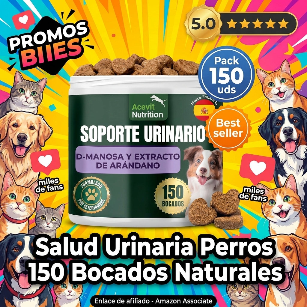 Salud Urinaria Perros, 150 uds Natural, Apoyo del Tracto Urinario y la Vejiga, Ayuda a Reducir Molestias al Orinar y Micción Frecuente, con D-Manosa, Arándano Pac 10%, Ortiga y MSM | Acevit Nutrition