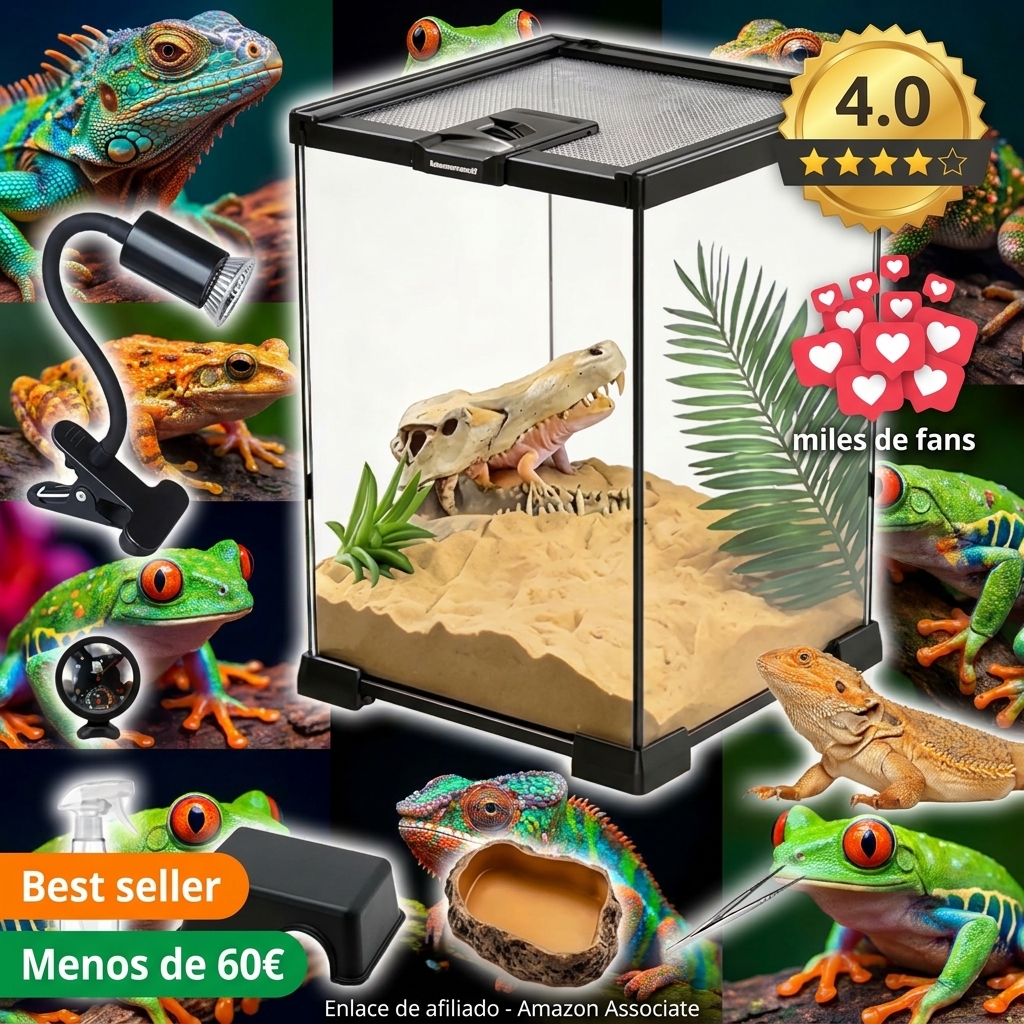 Set de Terrario, Terrario Reptiles de Vidrio de 20 x 20 x 30 cm Kit de Terrarios con Lámpara para Reptiles Termómetro Tanque Pequeño con Diseño de Piedras Comedero Pinzas y Regadera Pequeña