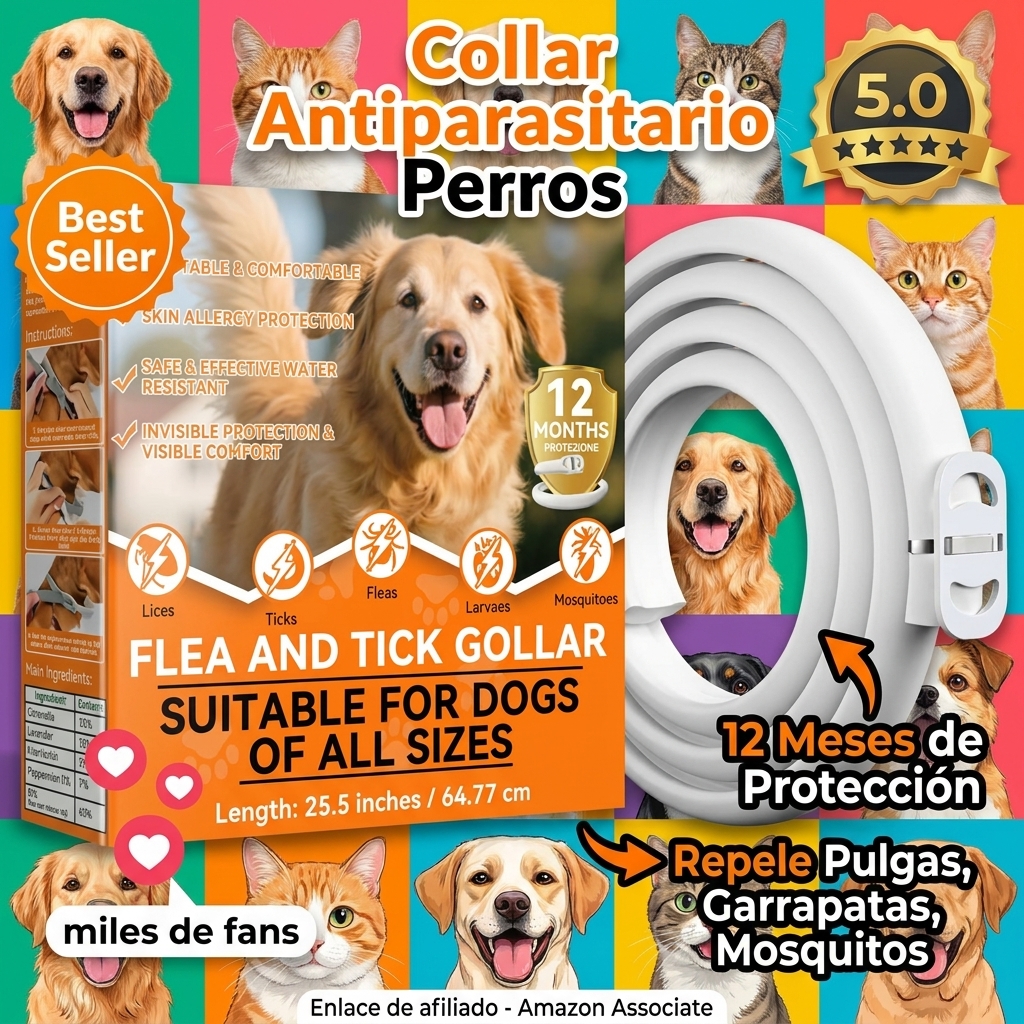 Collar Antiparasitario Perros, Fórmula Natural Segura, Ajustable e Material Impermeable, 65cm Adecuado para Todas Las Tallas de Perros, Protección 12 Meses (1 Pack)