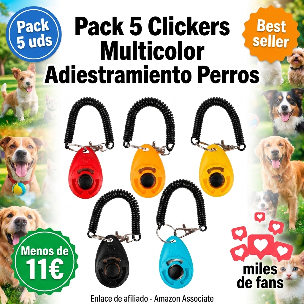 5 Clickers para Perro Adiestramiento con Cordón Soldado, Clickers Multicolor (Rojo, Naranja, Amarillo, Azul, Negro) con Botón Grande, 6x4x1.7cm, para Perros, Gatos, Caballos