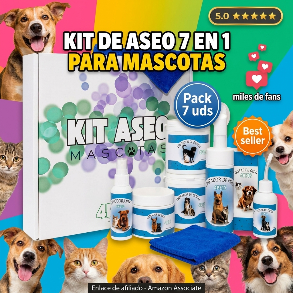 Kit de Aseo para Mascotas 7 en 1 – Limpieza Completa para Perros, Gatos y Pequeños Animales – Limpiador de Ojos, Oídos, Dientes, Patas, Gotas de oído, Desodorante y Toalla de Microfibra