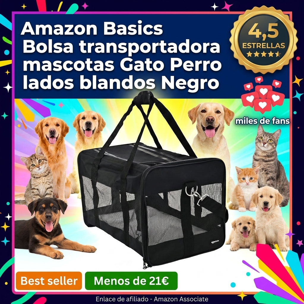 Amazon Basics Bolsa transportadora para mascotas Gato, Perro AMZSC-002 con lados blandos, M, 42 x 27 x 28 cm (L x An x Al), Negro