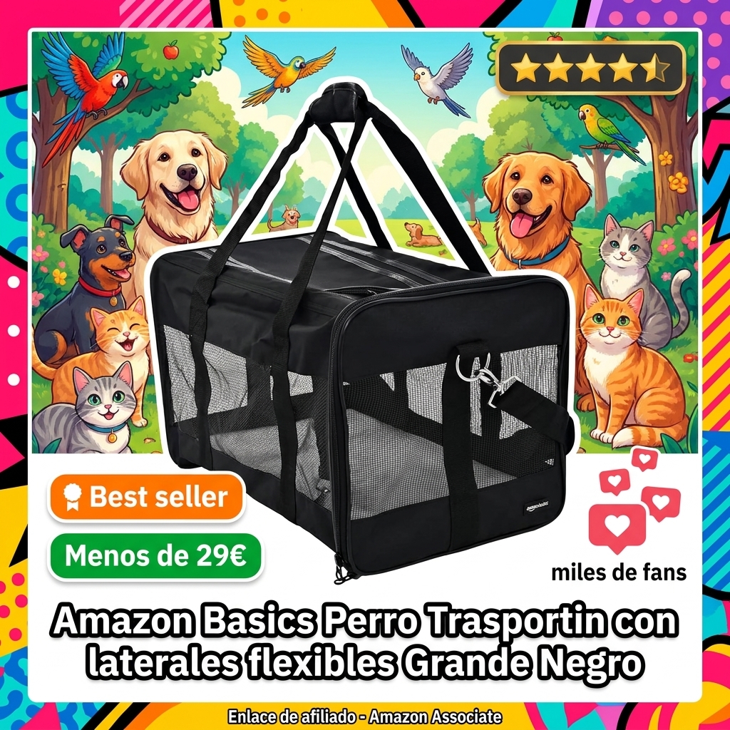 Amazon Basics Perro Trasportín con laterales flexibles, Grande, Negro, 50 x 30.4 x 30.4 cm (L x An x Al)