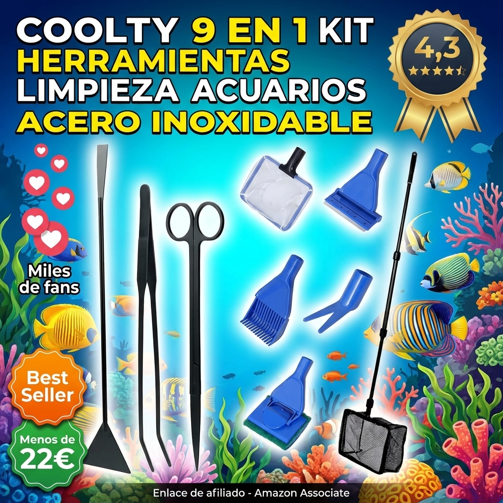 Coolty 9 en 1 Kit de Herramientas de Limpieza de acuarios rastrillo de Grava, rastrillo de Plantas, Esponja raspadora y Kit de Herramientas de Acuario de Acero Inoxidable
