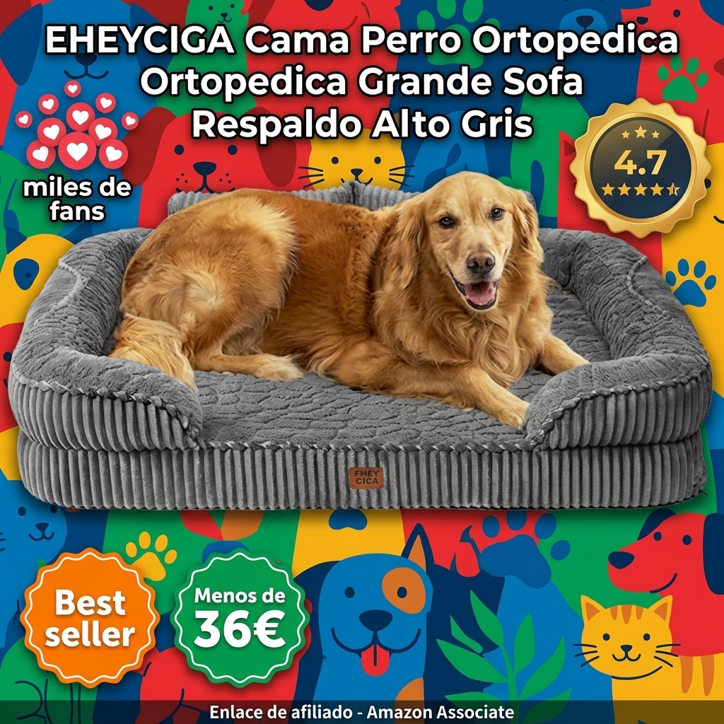 EHEYCIGA Cama Perro Ortopédica Grande 106x76 cm, Sofá Cama con Respaldo Alto, Colchón Perro Viscoelastica Impermeable, Funda Lavable, Gris