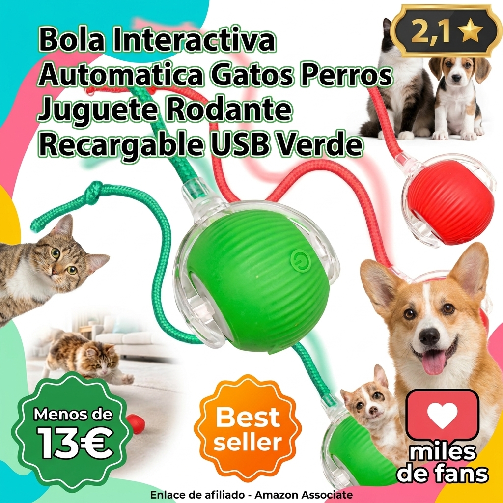 Bola Interactiva Automática para Gatos y Perros, Juguete Inteligente Rodante Recargable USB con Detección de Obstáculos, Juguete Activo para Mascotas de Interior, Silicona Segura y Duradera, Verde y R