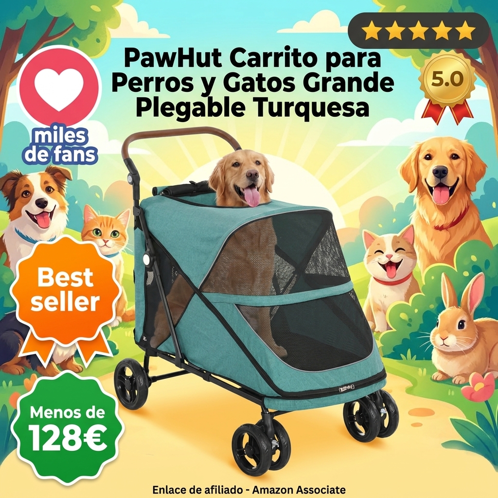 PawHut Carrito para Perros y Gatos Grande Plegable con un Botón hasta 30 kg, Cochecito para Perros Medianos y Grandes, Suspensión 4 Ruedas, Giratorio, Freno de Pie, Cojín Lavable, Turquesa