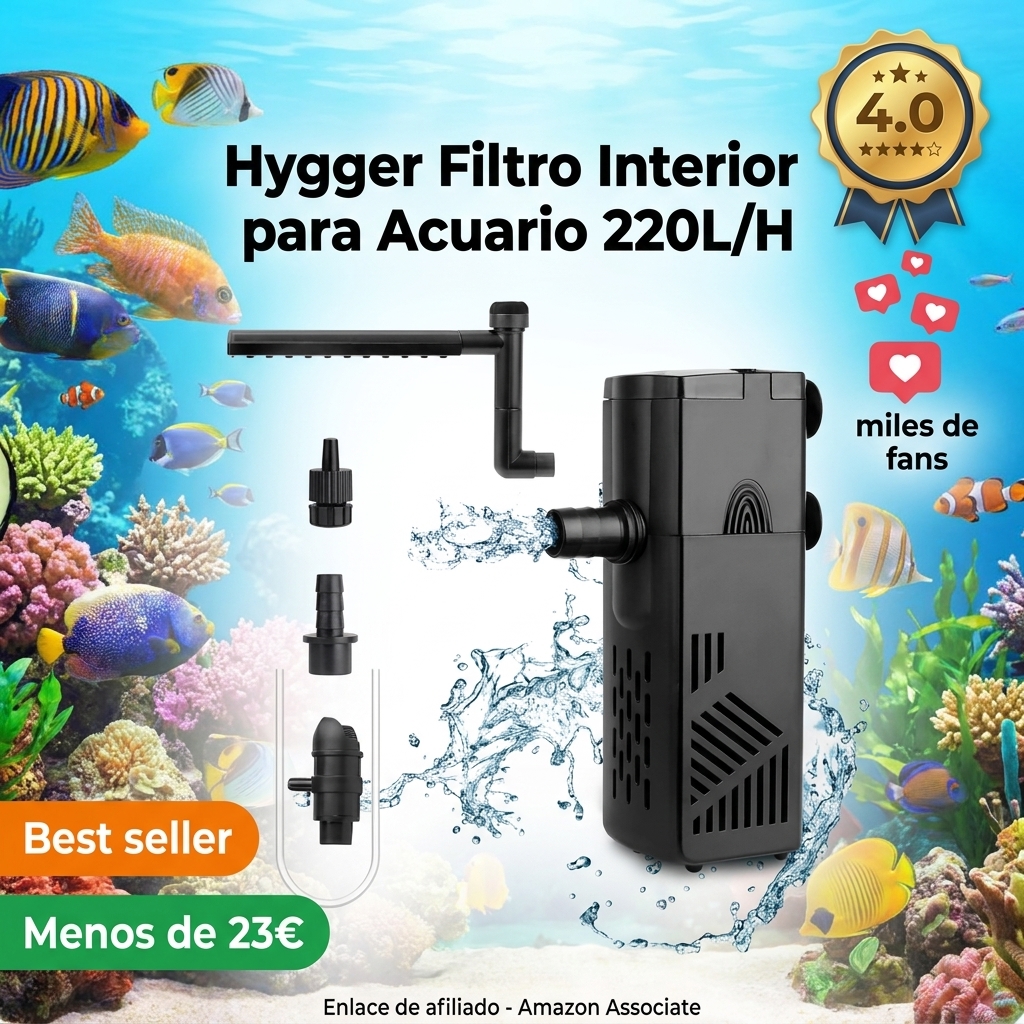 Hygger Filtro Interior para Acuario, 220L/H 3W Filtro de Tortuga Flujo de Agua Ajustable, Filtro para Acuario de hasta Apto para 20-40 litros