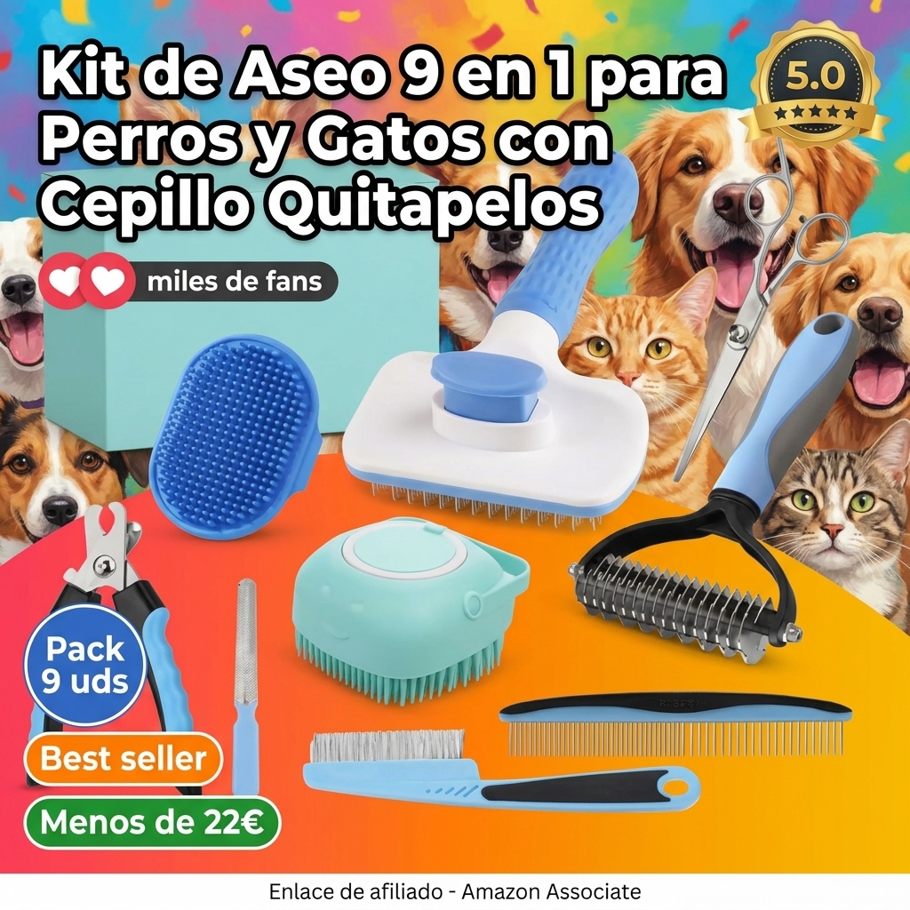 Kit de Aseo 9 en 1 para Perros y Gatos con Cepillo Quitapelos