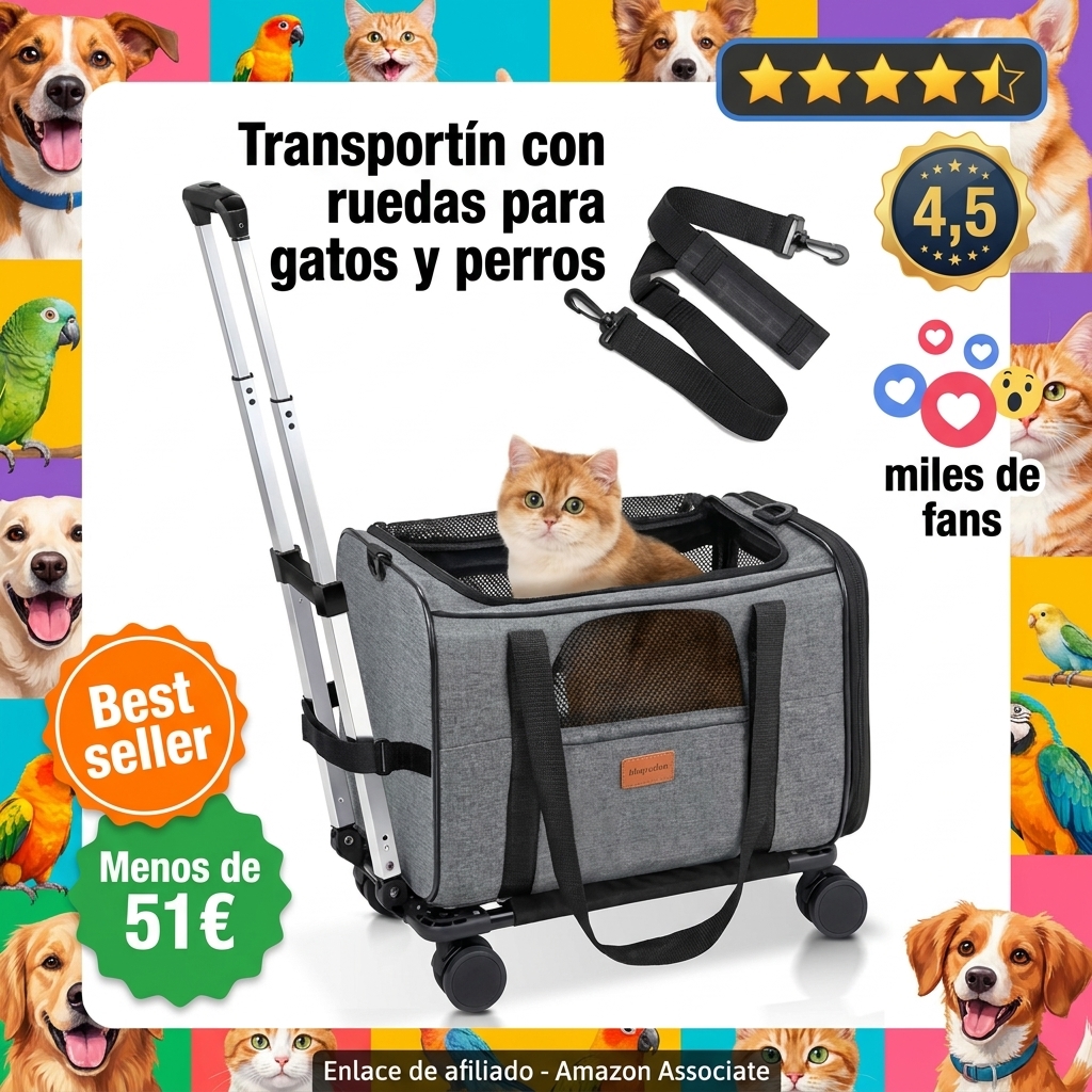 Morpilot Transportin Gatos Perros con Ruedas y Varilla Telescópica Bolsa Transporte de Viaje para Gatos Perro Plegable Carro con Cuenco y Ruedas Extraíbles(Gris 43 x 28 x 28 cm)