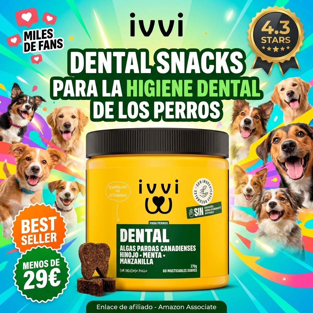 ivvi Dental - Snacks para la higiene Dental de los Perros. Menta, perejil, hinojo, manzanilla, Aceite de Coco, Algas pardas. 60 Snacks con Pollo. Favorece Dientes sanos, Aliento Fresco y Fresh Breath