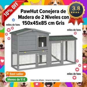 Conejera de madera de dos niveles PawHut