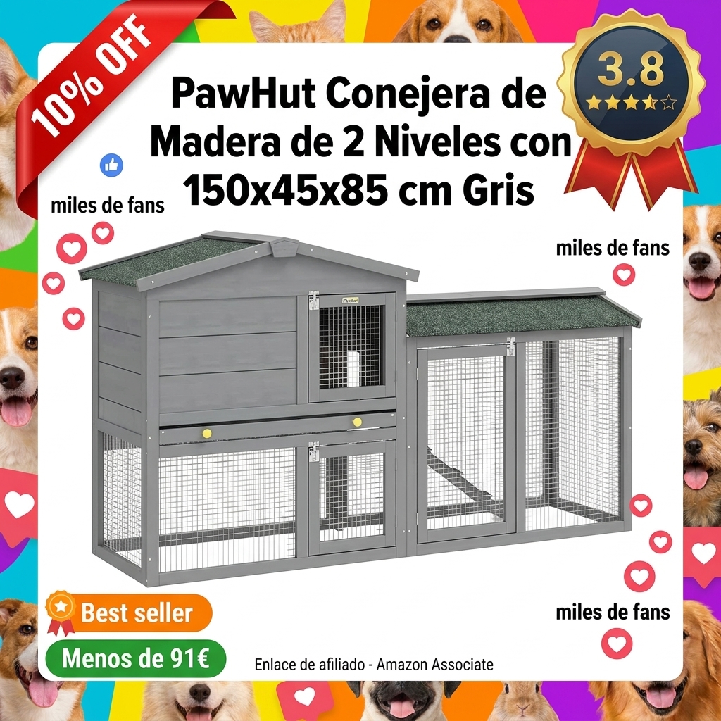 PawHut Conejera de Madera de 2 Niveles con Escalera 150x45x85 cm Gris