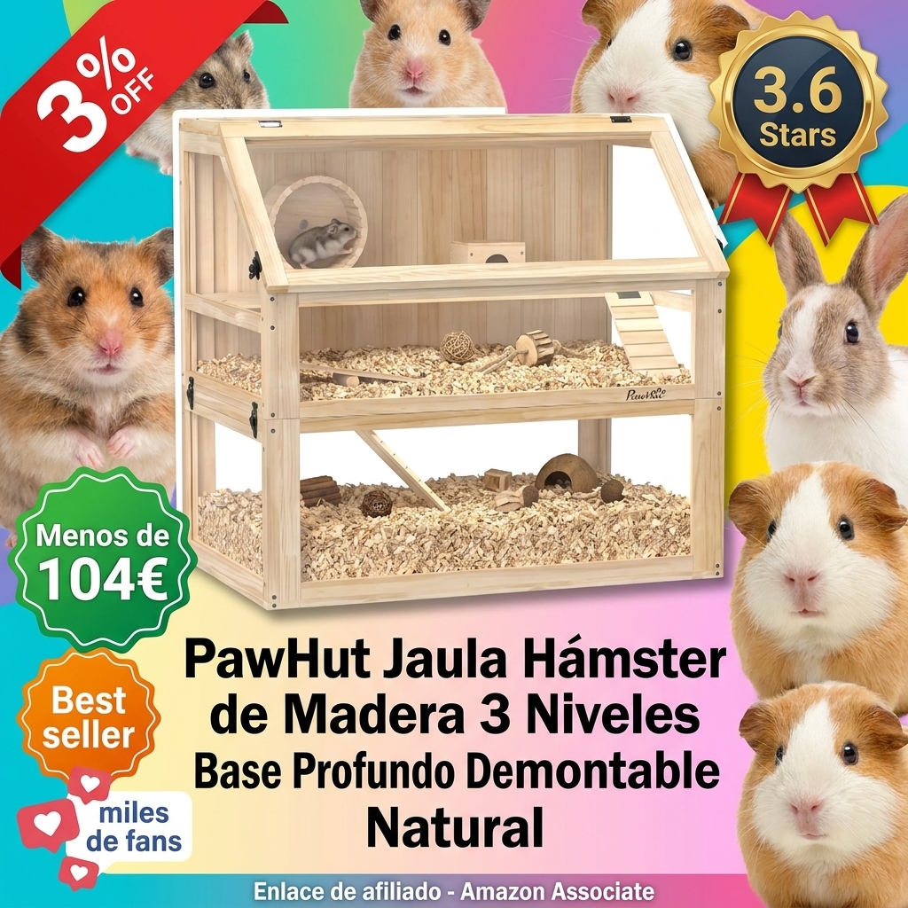 PawHut Jaula Hámster de Madera 3 Niveles Base Profundo Desmontable Natural