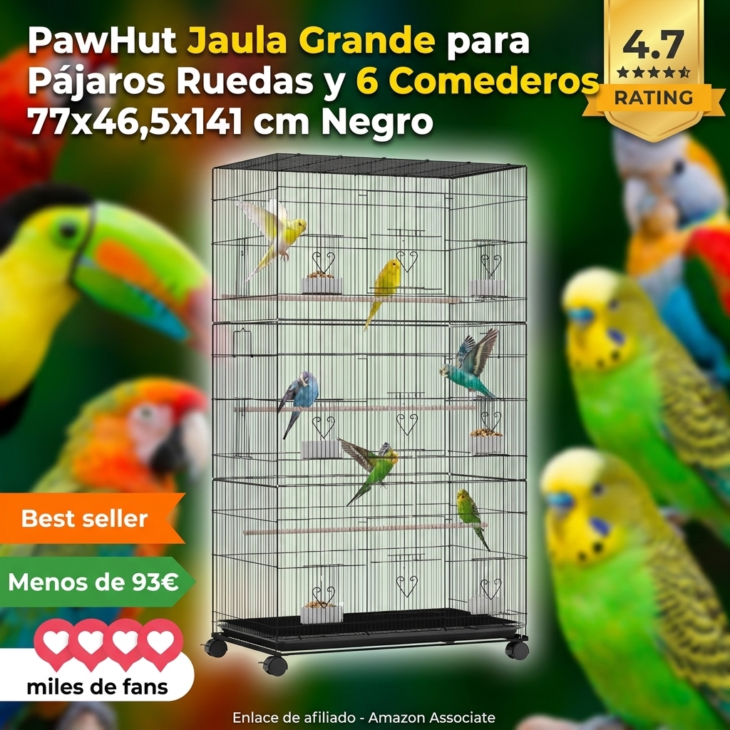 PawHut Jaula Grande para Pájaros Ruedas y 6 Comederos 77x46,5x141 cm Negro