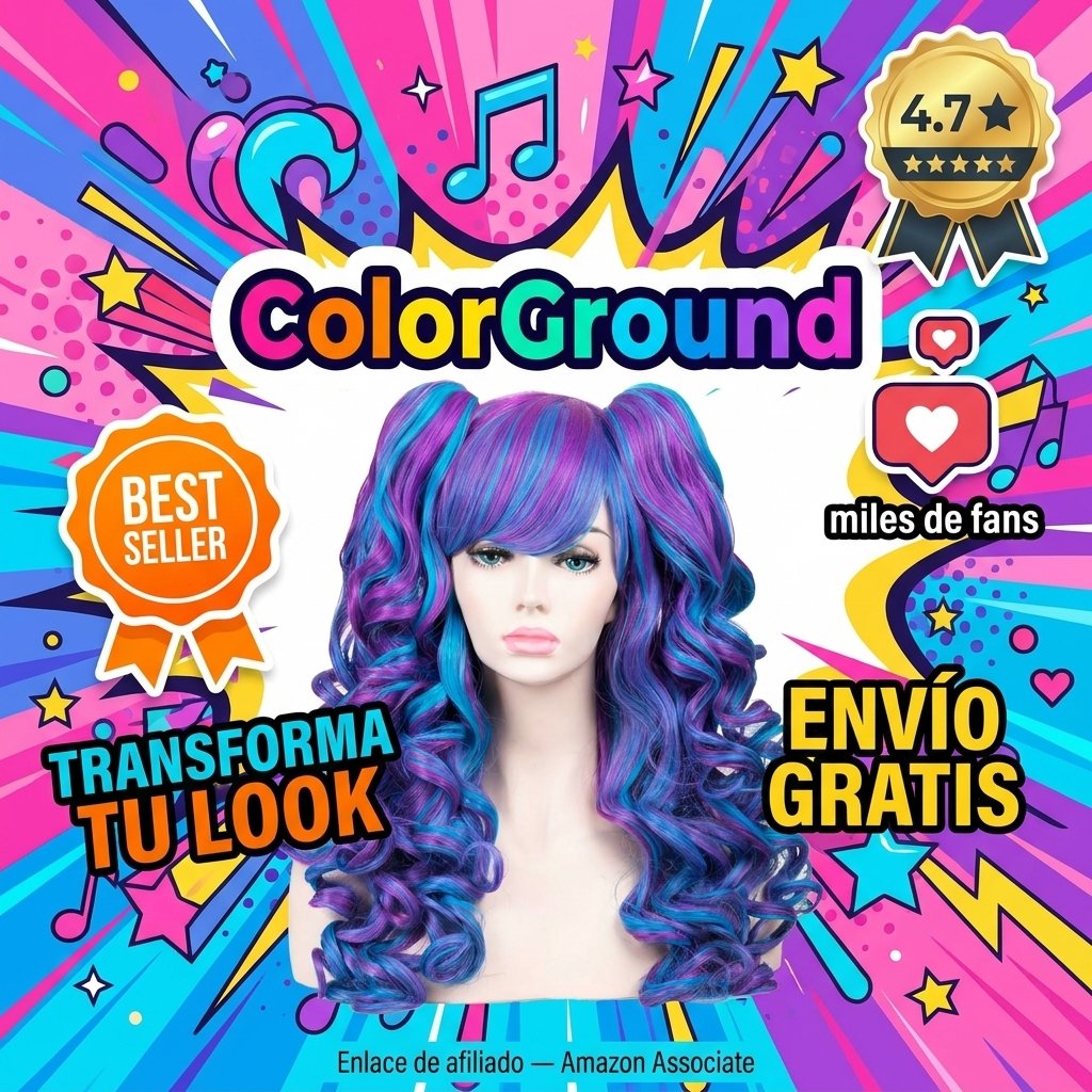 ColorGround - Peluca larga rizada para cosplay con 2 coletas