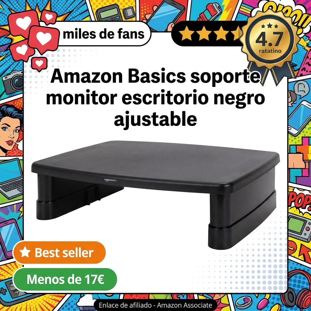 Amazon Basics Rectangular Soporte de Escritorio Ajustable para Monitor de Ordenador para Reducir la tensión del Cuello, se Adapta a monitores y Ordenadores portátiles de hasta 22 Libras, Negro