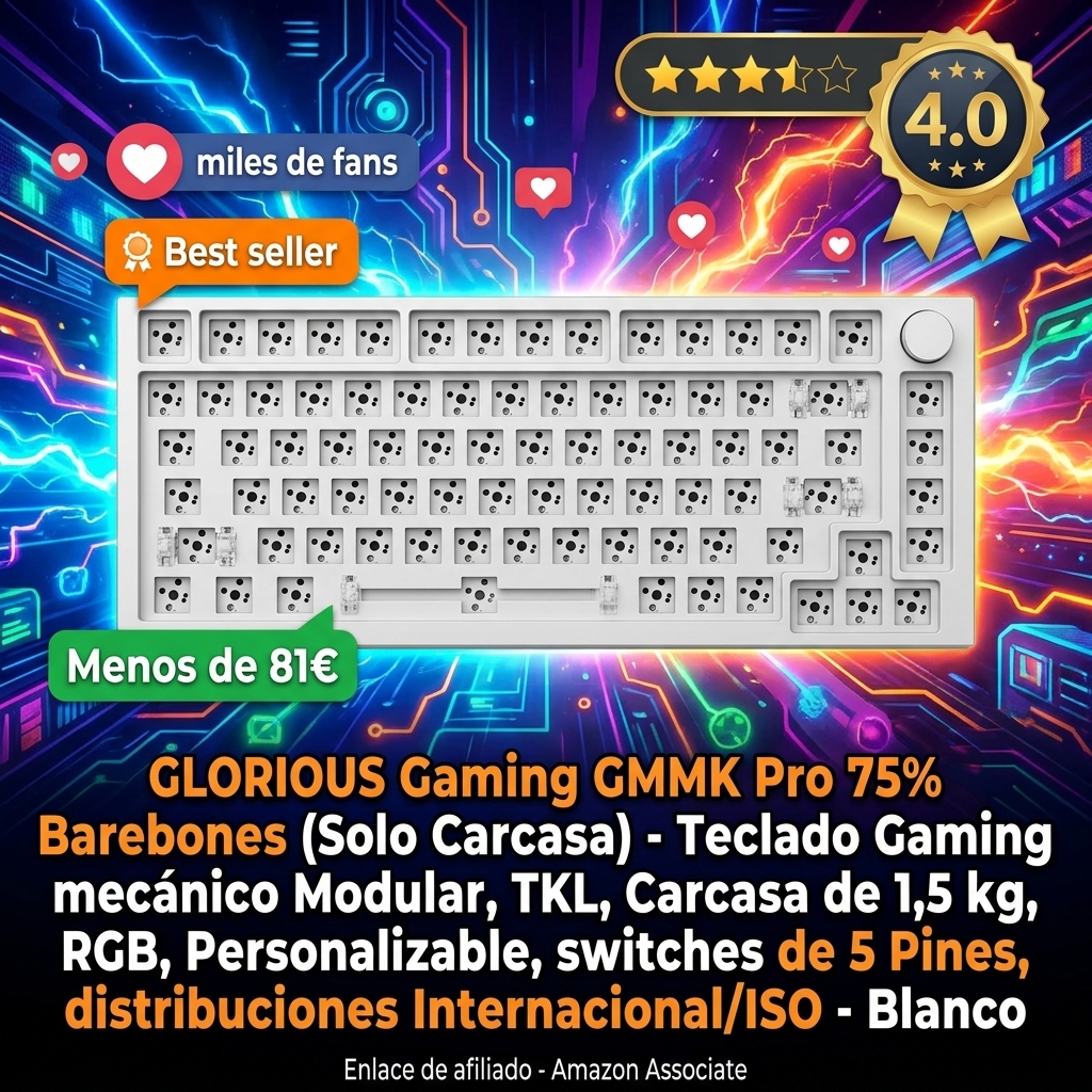 GLORIOUS Gaming GMMK Pro 75% Barebones (Solo Carcasa) - Teclado Gaming mecánico Modular, TKL, Carcasa de 1,5 kg, RGB, Personalizable, switches de 5 Pines, distribuciones Internacional/ISO - Blanco