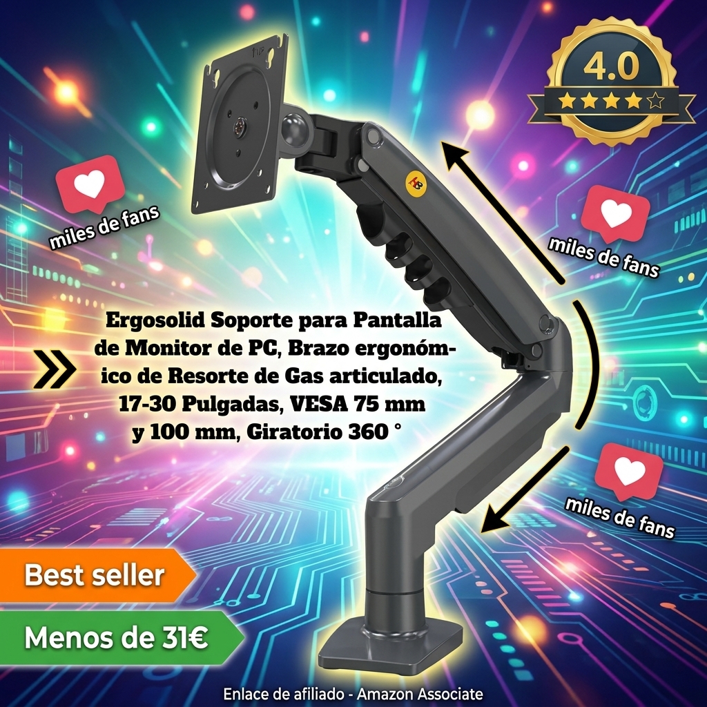Ergosolid Soporte para Pantalla de Monitor de PC, Brazo ergonómico de Resorte de Gas articulado, 17-30 Pulgadas, VESA 75 mm y 100 mm, Giratorio 360 °