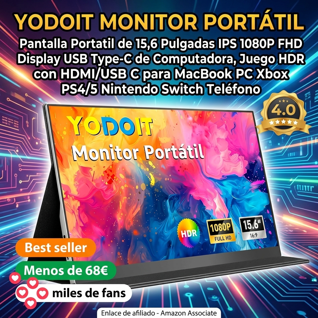 Yodoit Monitor Portátil Pantalla Portatil de 15,6 Pulgadas IPS 1080P FHD Display USB Type-C de Computadora, Juego HDR con HDMI/USB C para MacBook PC Xbox PS4/5 Nintendo Switch Teléfono