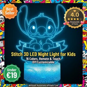 Lampara Stitch 3D LED – Luz nocturna personalizable 16 colores