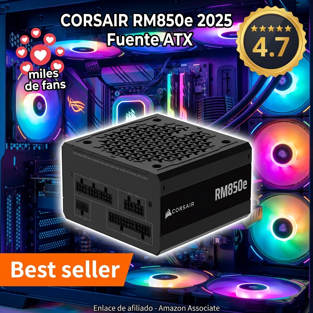 CORSAIR RM850e (2025) Fuente de alimentación ATX Totalmente Modular de bajo Ruido con Cable de 12V-2x6 - Compatible con ATX 3.1 y PCIe 5.1, eficiencia Cybenetics Gold, condensadores a 105°C - Negro