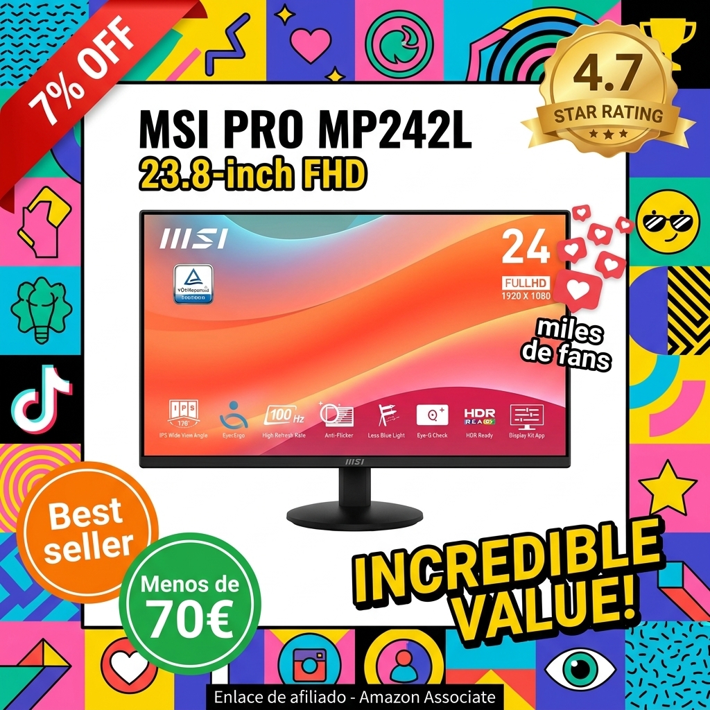 MSI Pro MP242L Monitor de 23,8" FHD para Oficina: Panel IPS de 1920 x 1080, 100 Hz, 4 ms, EyesErgo Tech, inclinación Ajustable, HDR Ready - Negro