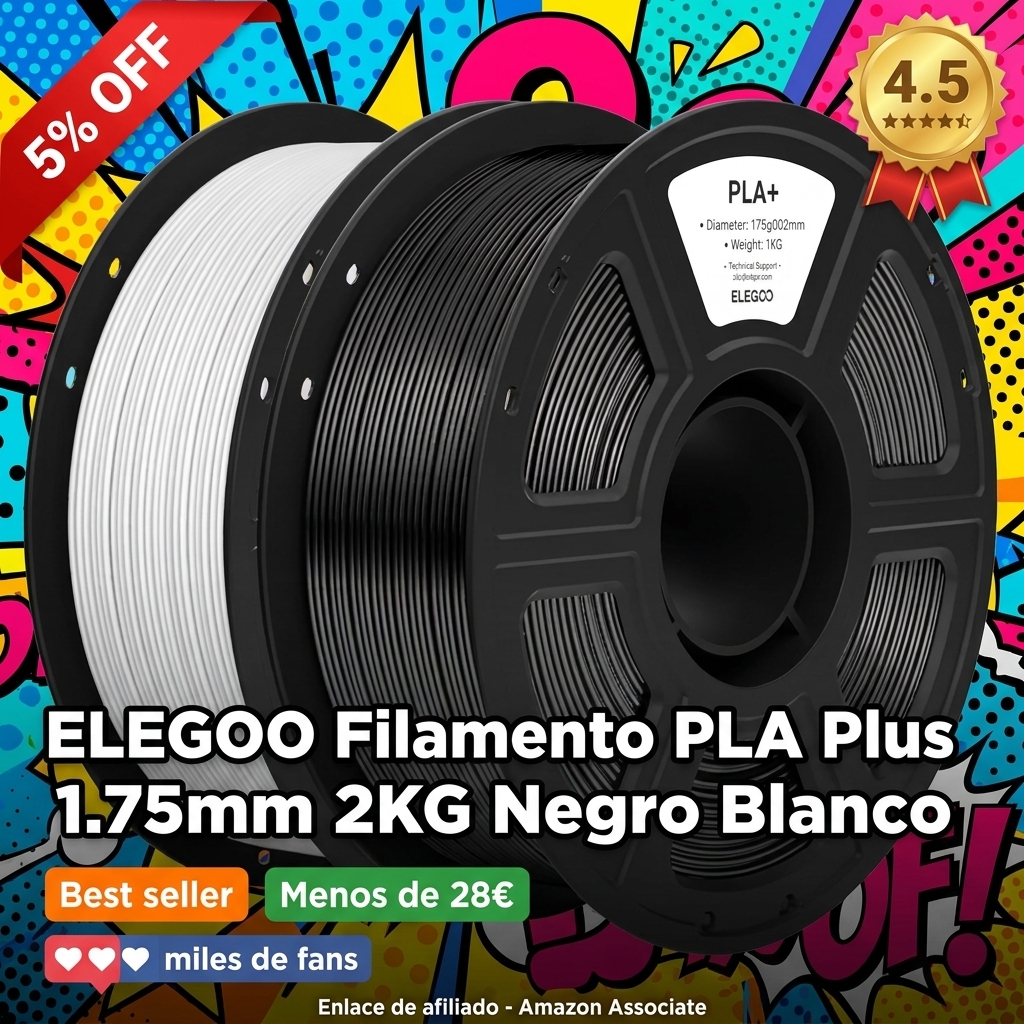 ELEGOO Filamento PLA+ 1.75 2KG Negro y Blanco, Filamento PLA Plus para Impresora 3D, Precisión Dimensional +/- 0.02mm, Carrete Filamento 3D, para Mayoría Impresoras 3D