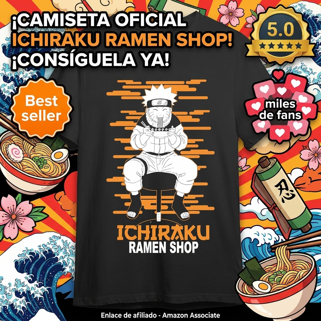 Naruto Camiseta Hombre | Artículo Licenciado Oficial | Ramen Shop | Unisex | Negro | S, M, L, XL, XXL