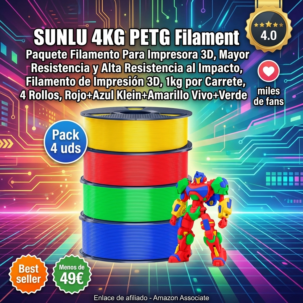 SUNLU 4KG PETG Filament, Paquete Filamento Para Impresora 3D, Mayor Resistencia y Alta Resistencia al Impacto, Filamento de Impresión 3D, 1kg por Carrete, 4 Rollos, Rojo+Azul Klein+Amarillo Vivo+Verde