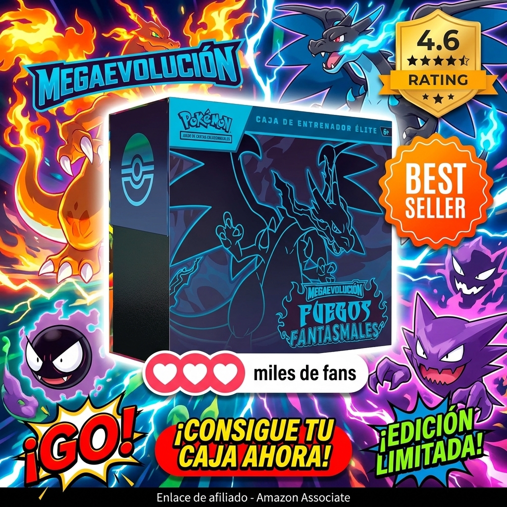Pokémon: Caja de Entrenador Élite de Megaevolución-Fuegos Fantasmales de JCC Pokémon (1 Carta de promoción con ilustración expandida, 9 Sobres de Mejora y Accesorios prémium)
