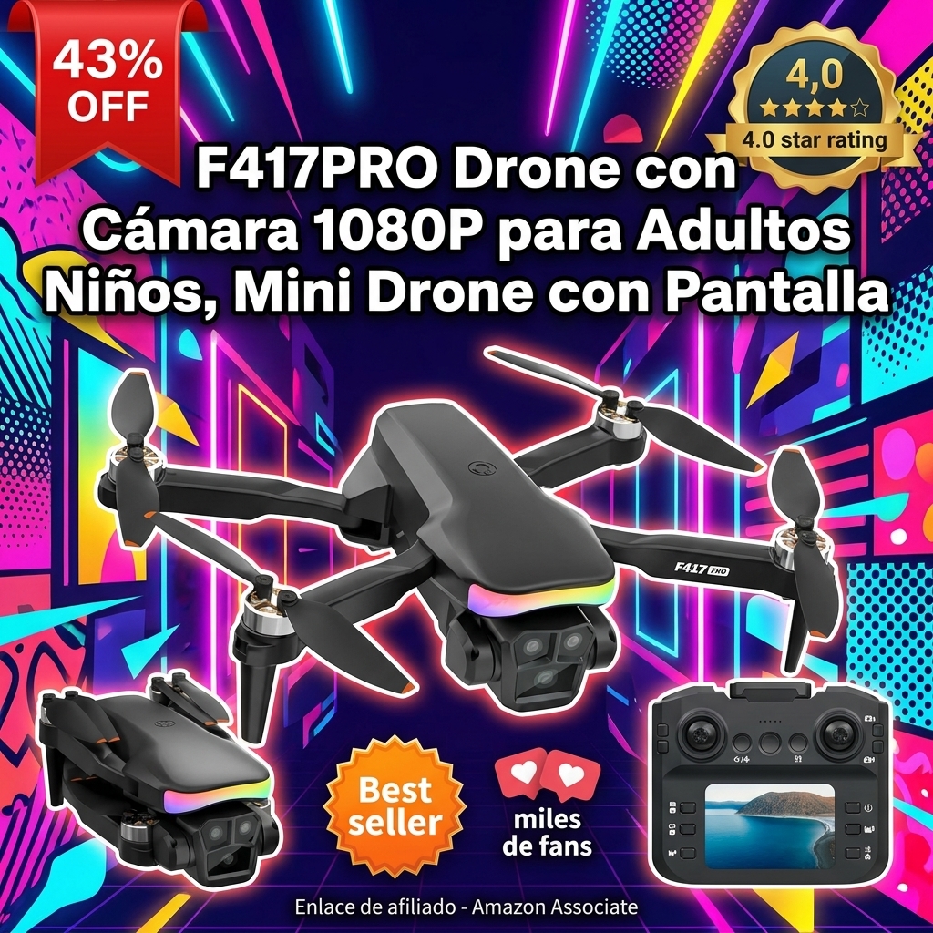 F417PRO Drone con Cámara 1080P para Adultos Niños, Mini Drone con Pantalla, Doble Lente 90°, LED, Flujo Óptico, Batería Modular, Principiantes, Despegue 1 Tecla, Sin Cabeza, Flip 3D, Maletín