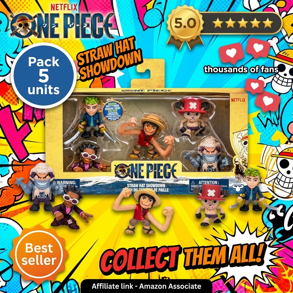 Pack de 5 minifiguras de los Sombreros de Paja de One Piece; edición Netflix acción real; entre 5 y 6,35 cm; incluye 5 personajes para jugar, exponer y coleccionar, Luffy, Zoro, Chopper, Mr. 5 y Wapol