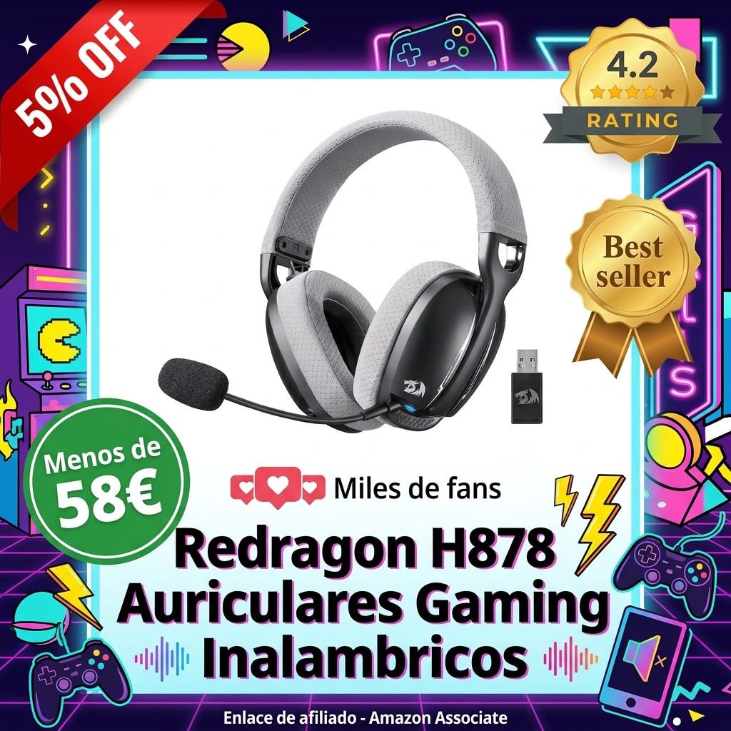 Redragon H878 - Auriculares inalámbricos para videojuegos con 3 modos de iluminación azul, ligeros, sonido envolvente 7.1, controladores de 40 mm, micrófono desmontable, para PC, PS5/4/3, conmutador,