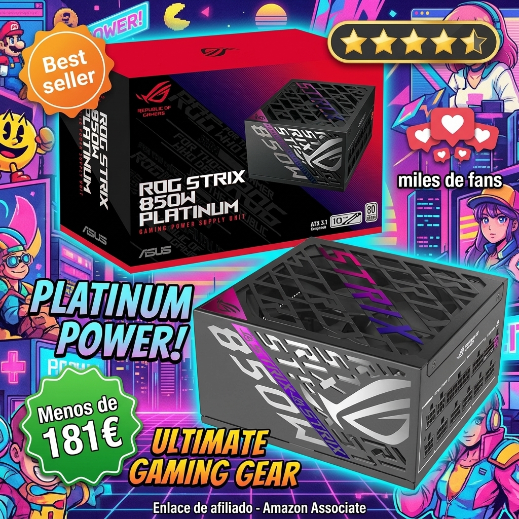 ASUS ROG Strix 850W Platinum - Fuente de alimentación Totalmente Modular, 80 Plus Platinum, ATX 3.1, GAN MOSFET, GPU-First Intelligent Voltage Stabilizer, 10 años de Cobertura | 850 W de potencia, PCIe Gen 5.0, 80 Plus Platinum, estándar ATX 3.1, ventilador con doble rodamiento de esfera