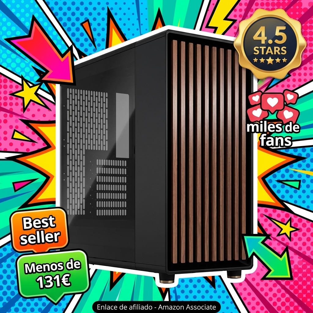 Fractal Design North Charcoal Black Tempered Glass Dark - Frente de Madera de Nogal - Panel Lateral de Vidrio - Incluye Dos Ventiladores Aspect PWM de 140 mm - Puerto USB Tipo C