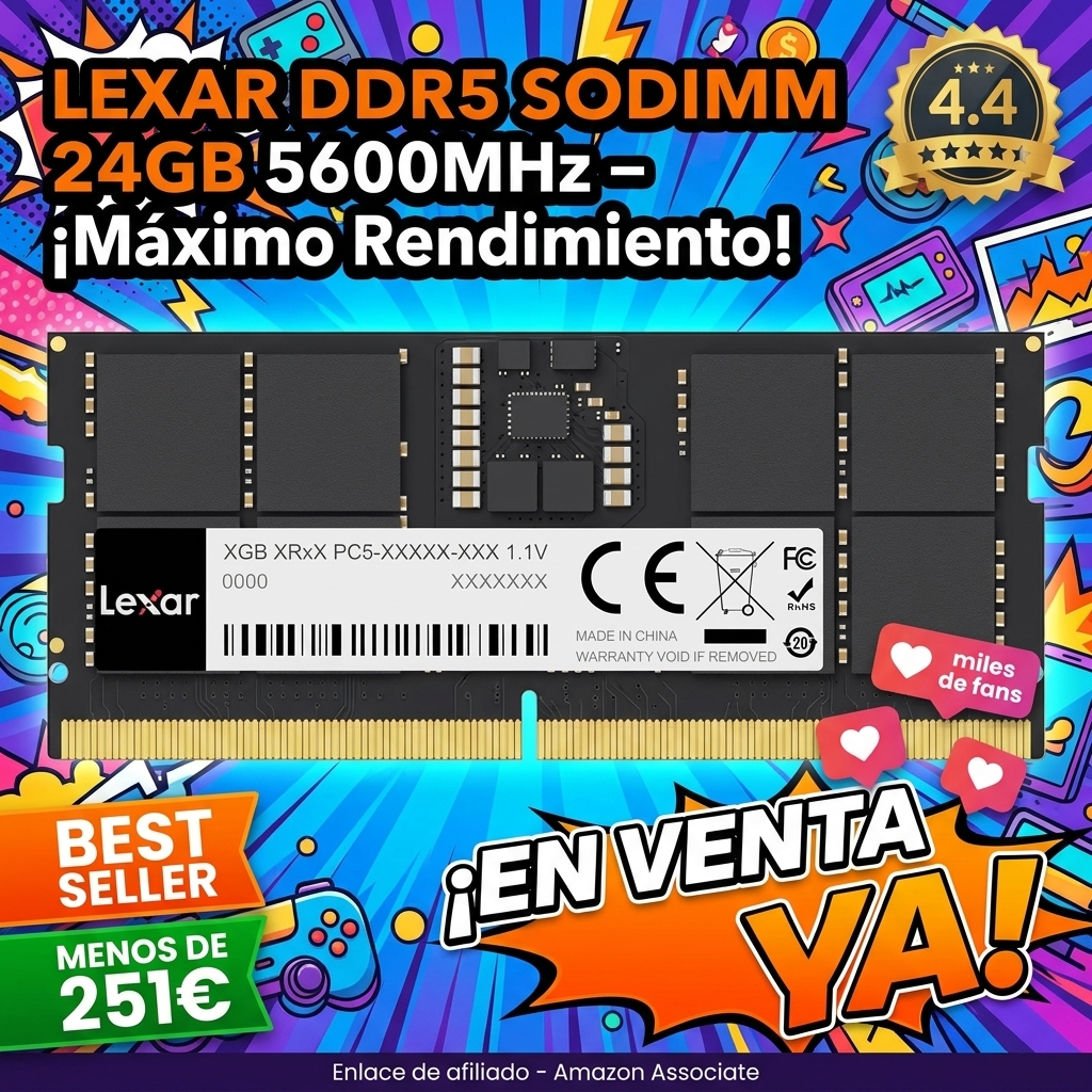 Lexar SODIMM RAM DDR5 24GB 5600 MHz Memoria RAM, 262-Pin SODIMM, DRAM SO-DIMM DDR5 para Computadora Portátil/Ordenador Portátil/Mini-PC Intel NUC Todo en uno, 1.1V, CL46-45-45-90