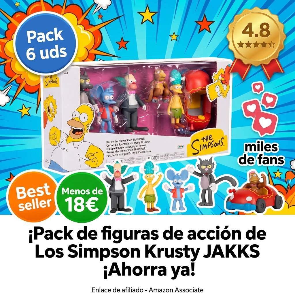 Pack múltiple de Figuras de acción de Los Simpson, Escala de 6,35 cm, de JAKKS Pacific. Incluye a Krusty, Mojo, Itchy, Scratchy y Sideshow Mel, Junto con el Coche de Payasos de Krusty.