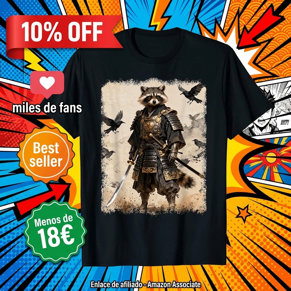 Samurai Raccoon, gráfico de Anime para Hombre, Guerrero japonés Camiseta