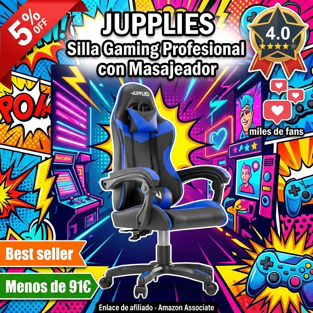 JUPPLIES Silla Gaming Profesional con Masajeador - Silla de Oficina Ergonómica, Altura Regulable y Respaldo Abatible - Silla Gamer (Azul, Acolchado Arriba, Sin Reposapiés)