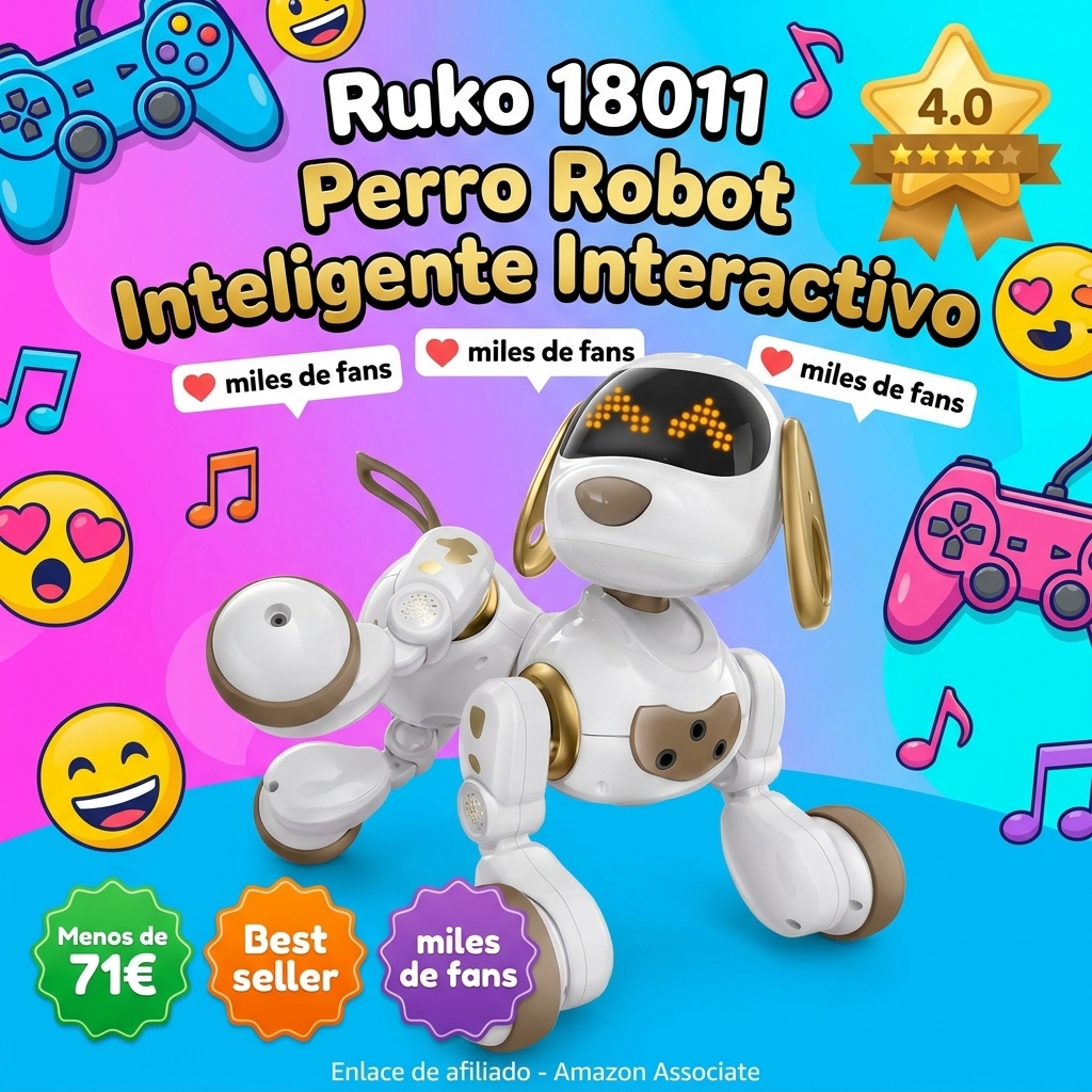 Ruko 18011 Perro Robot Inteligente Interactivo con Caras LED, Oro Blanco
