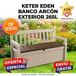 Keter Eden Banco Arcón Exterior 265L – Resina Marrón y Beige