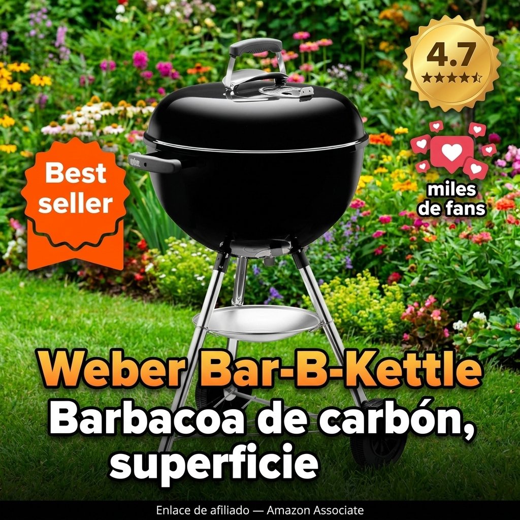 Weber Bar-B-Kettle Barbacoa de carbón, superficie de la parrilla de Ø 47 cm, barbacoa con tapa y cuba esmaltadas en porcelana, soporte de tres patas y ruedas, rejilla cromada - Negro