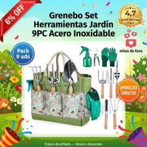 Grenebo Kit Herramientas Jardin 9PC Acero Inoxidable – Con bolsa de transporte