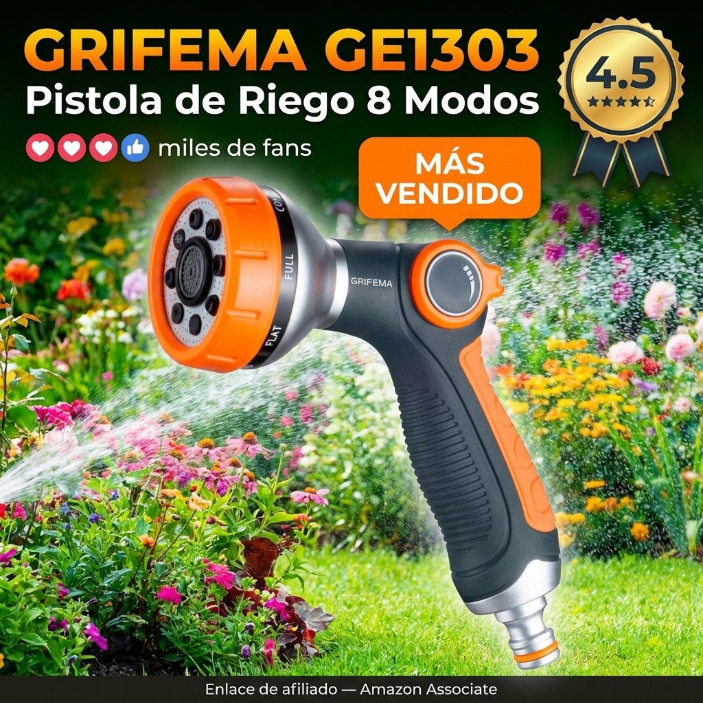 GRIFEMA GE1303 Pistola de Riego 8 Modos — Interruptor de pulgar, apta para manguera