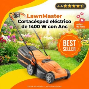 LawnMaster Cortacesped Electrico 1400W 34cm – 6 alturas y acabado rayado