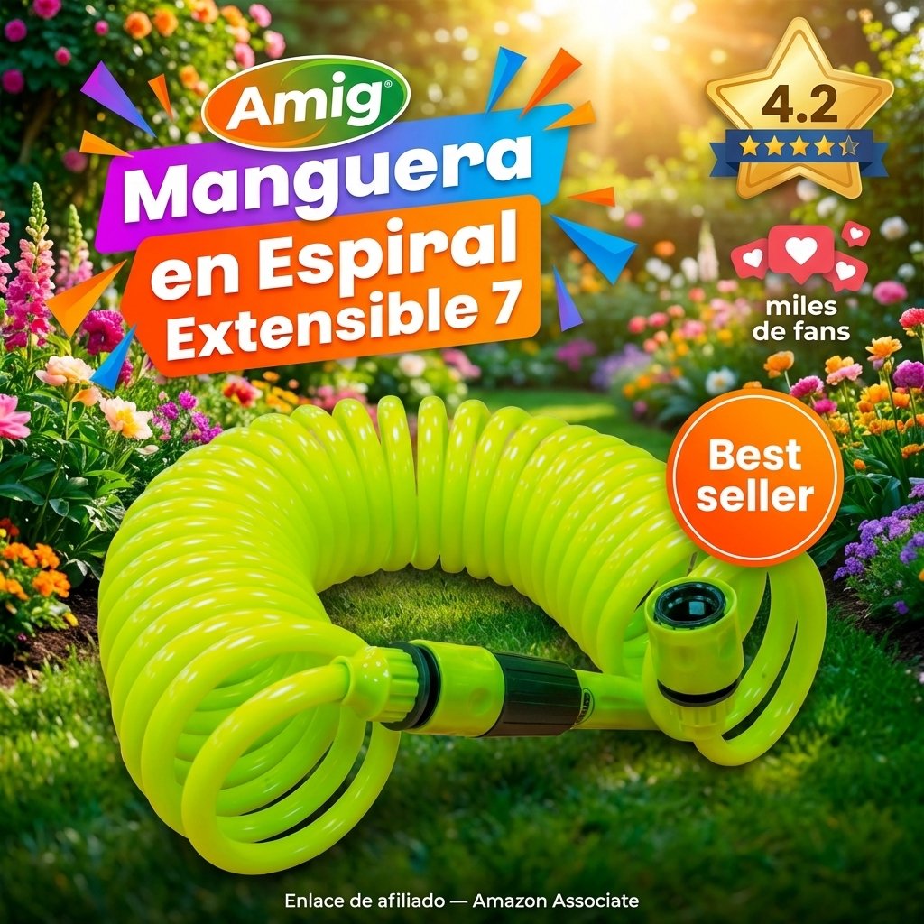 Amig Manguera en Espiral Extensible 7,5m — Incluye lanza de riego y adaptador